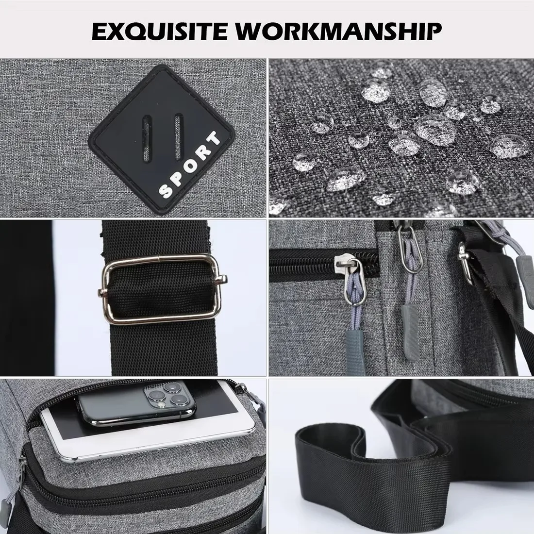 Herren-Umhängetasche, leichte, lässige Sling-Tasche mit mehreren Reißverschlusstaschen für Reisen, Arbeit und den täglichen Gebrauch – Detail 6