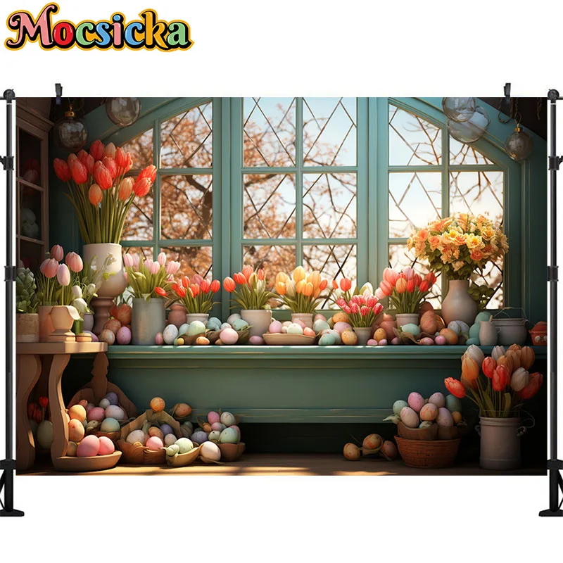 Fondo de fotografía de conejito de Pascua de primavera, huevos, flores de jardín, decoración de retrato de fiesta de cumpleaños para niños, cartel de estudio fotográfico