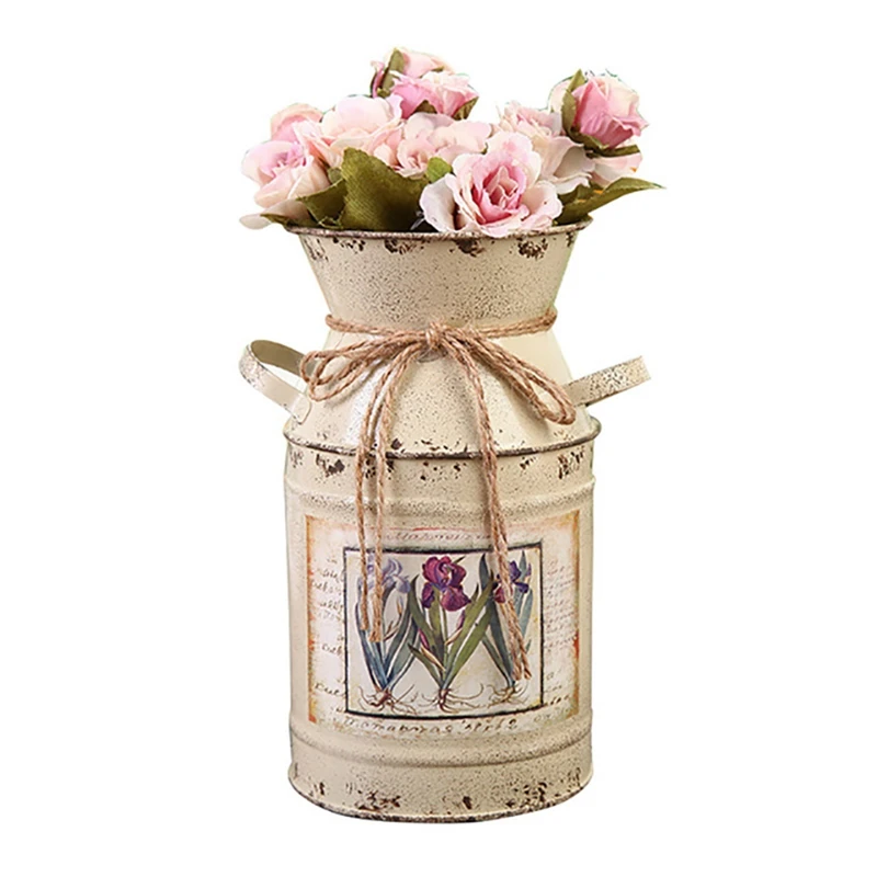 2X Shabby Table Gift Arrangement Craft Home Decoration Vintage Pots Iron Bucket Wedding Flower Vase Rural Style -Beige