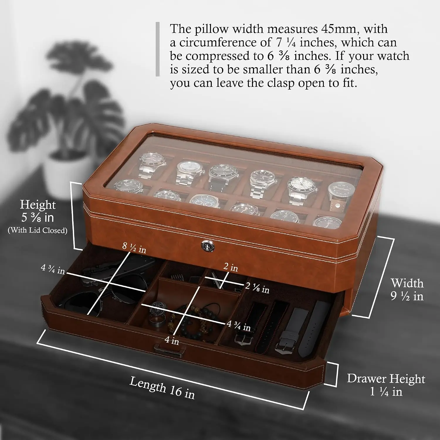 Luxury Leather Watch Storage Organizer Case With Drawer Mens Valet Jewelry Display Tan Brown
