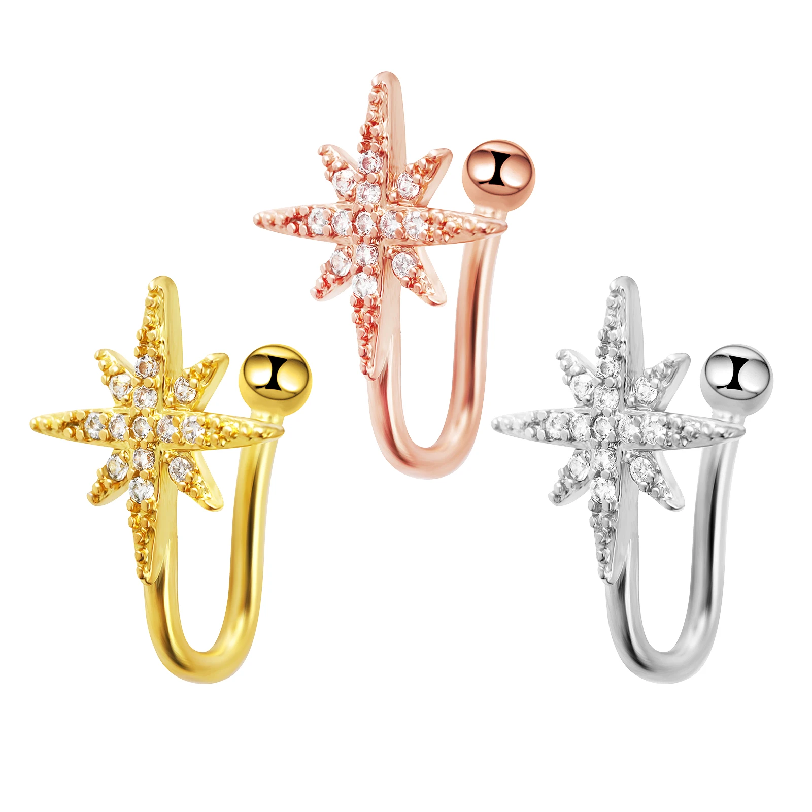 1pc Stainless Steel Nose Piercing Eight Pointed Star Fake Piercing Nose Ring With Diamond U-shaped Nose Clip piercing jewelry