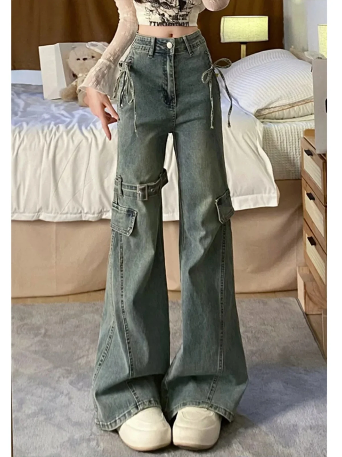 

High Waist Slim Fit Bell Bot Jeans Women's Belted Patchwork American Hot Girl Pants Spring Autumn New Sle Wide Leg Jeans
