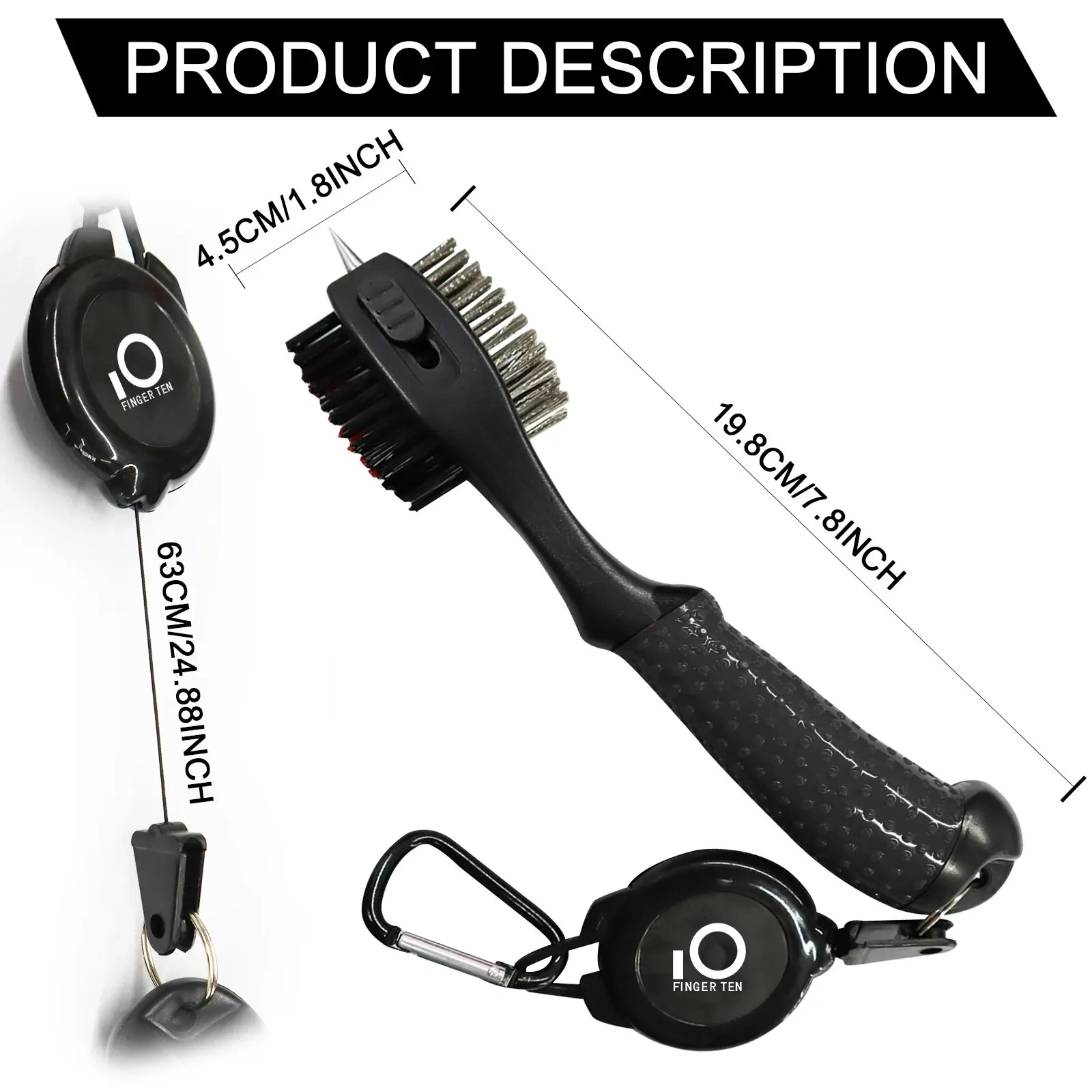 Golf Club Cleaner Brush Oversized Head with Retractable Zip-Line Clip,Double Sided Brush with Spike for Cleaning Groove Shoes