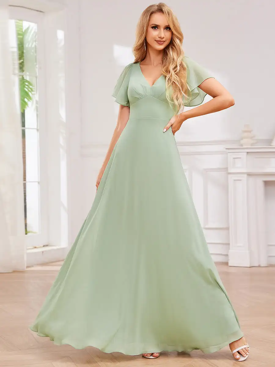 Elegant Evening Dresses Bandage Backless Ruffles Sleeve Floor Length 2024 Ever Pretty of Chiffon  Mint Green Bridesmaid dress