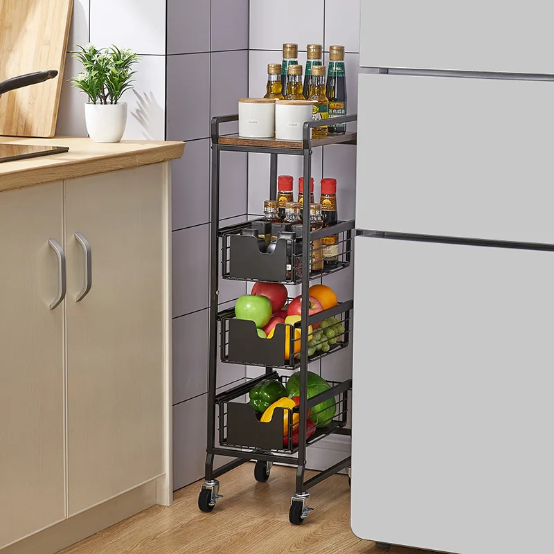 Sandwich cabinet for storing wooden boards, metal shelves, hand pushed storage carts, kitchen gap storage racks