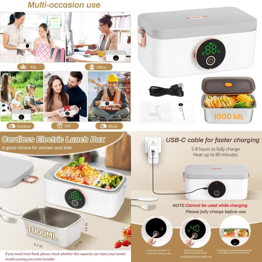 

1L Battery-Powered Lunch Box with Automatic Heating for Car, Office, Travel, Picnic, and Outdoor Use