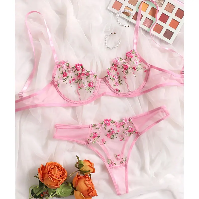 Embroidery Women Underwear Daily Yellow Lingerie Sexy Floral Transparent Lace Short Skin Care Kits Delicate Fairy Garter Set