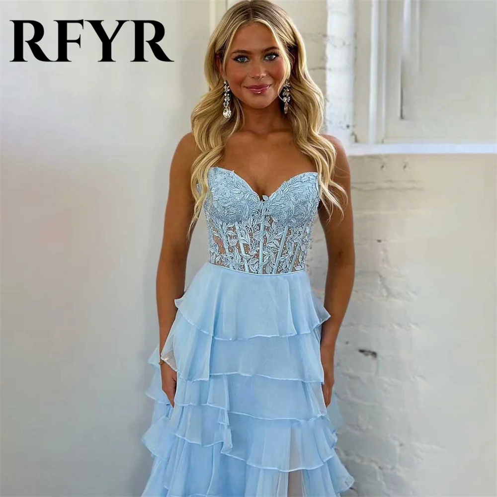 RFYR Sky Blue Evening Dresses A-line Corset Sweetheart Prom Dress with Appliques فستان سهرة Tiered Tulle Sleeveless Party Dress