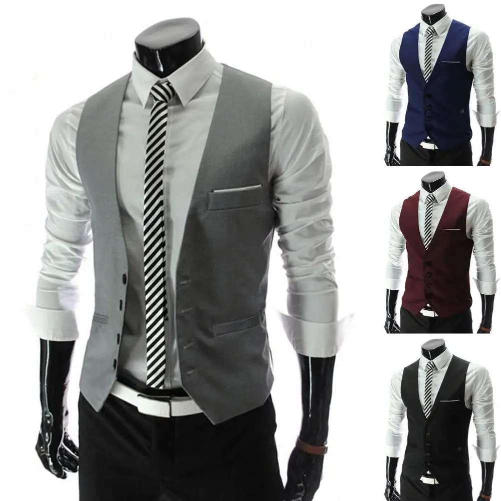 Simple Pockets Suit Vest Formal Business Vest Sleeveless Men Solid Color Workwear Workwear