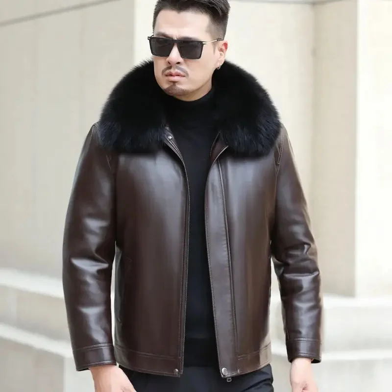 Inverno jaqueta de couro genuíno dos homens gola raposa pele carneiro para baixo masculino engrossar 90 pato branco casaco homem puffer roupas masculinas