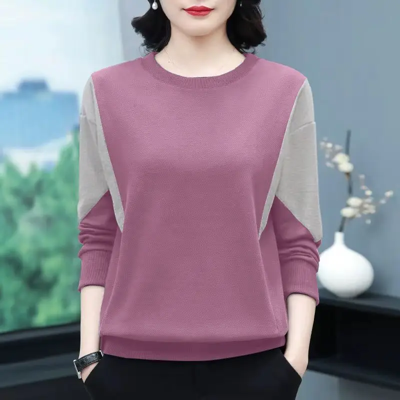 Middle-Aged Mom's Women's Color Blocking Sweatshirt Spring Autumn New Crew Neck Loose Long Sleeve Thin Slimming Tummy-Hiding Top