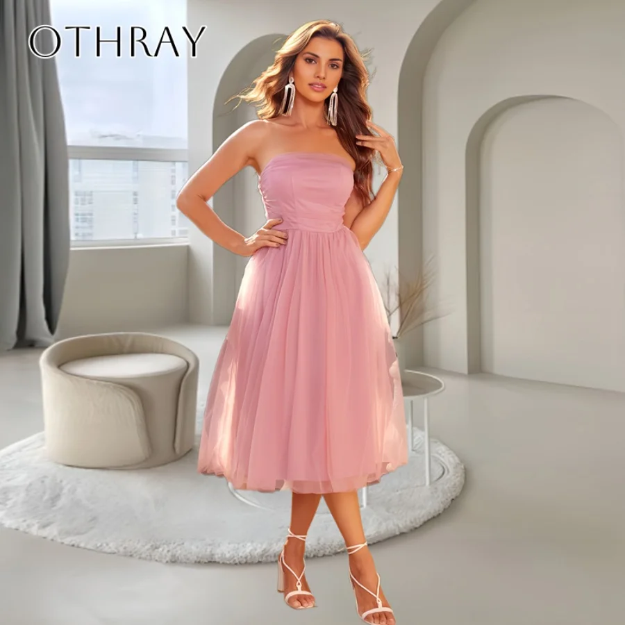 

Strapless A-line Tea Length Tulle Homecoming Dresses Pleated Sleeveless Customized vestidos de fiesta
