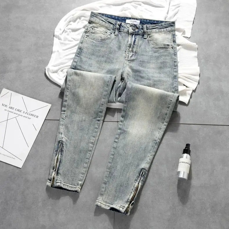 Cargo Old Retro Light-colored Trousers Zipper Jeans Men's New Trendy Elastic Slim-fitting Small-footed Trousers Denim Man Pants