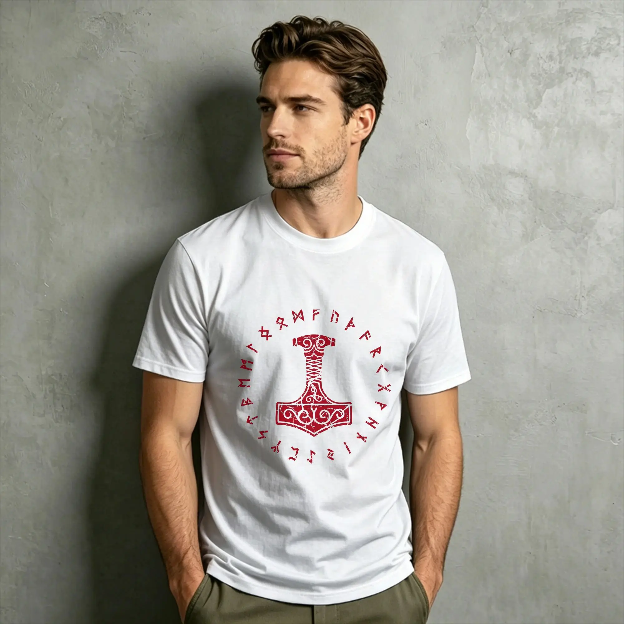 Men Norse Thors Hammer Mjolnir Elder Futhark Viking Runes White Distressed T Shirt  Pure Cotton  Graphic Printed T-Shirts