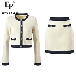 Ivory White Color Bow Knitting Set Women 2024 Early Spring Fashion Top + Mini Skirt 2PCS Suit