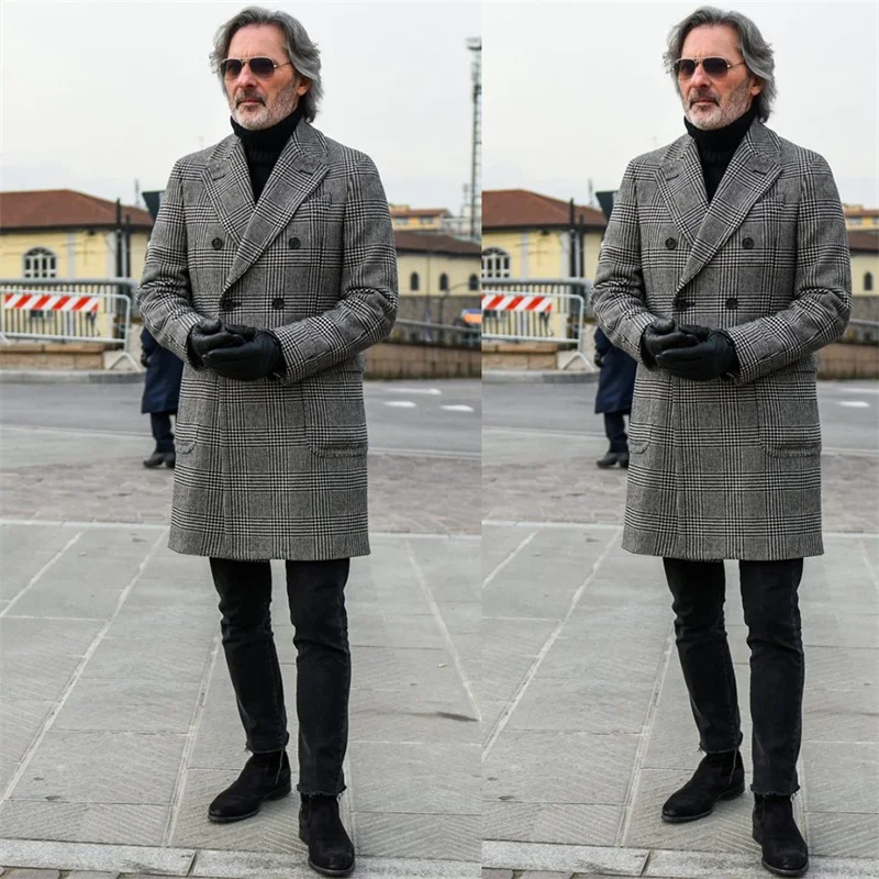 Pied de poule inverno uomo vestito lungo soprabito Blazer caldo doppio petto cappotto grigio check Party Prom Jacket Business Outfit