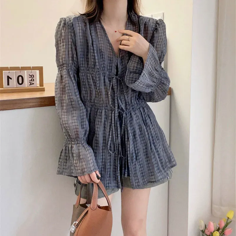 Commute Plaid Ruffles V-Neck Blouse Female Clothing Fashion Folds Spliced Drawstring Spring Summer Long Sleeve Waist Slim Shirt