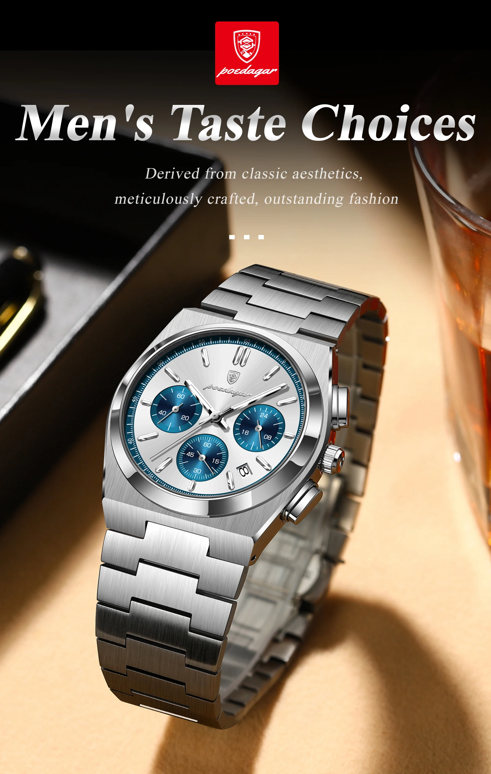 POEDAGAR Top Mode Mann Armbanduhr Chronograph Datum Edelstahl Business Männer Uhr Wasserdicht Leucht männer Quarz Uhren – Detail 13