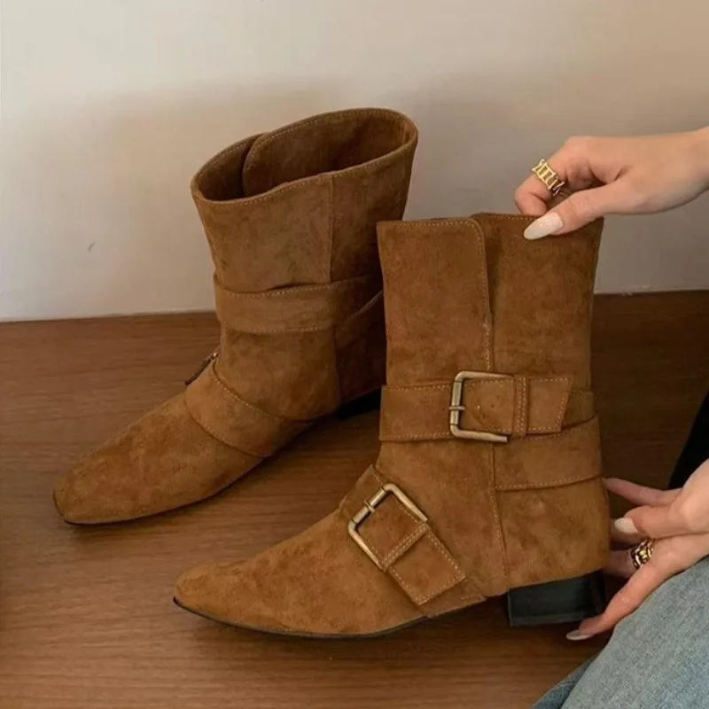 

Retro Western Women Short Boots Trendy Buckle Belt Decoration Thick Heels Slip on Modern Botas Mujer Autumn Suede Lady Shoes