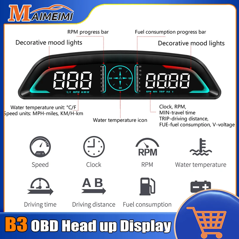 New Car HUD B3 OBD Head Up Display Multifunctional Display of Time Speed Driving Distance Driving Time Fuel Consumption Voltage