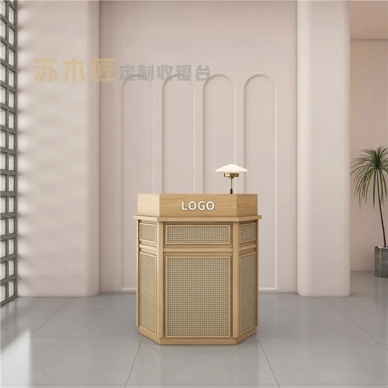 Modern Hexagonal Rattan Reception Desk Simple Checkout Counter Welcome Table for Restaurant Hotel Lobby Front Office