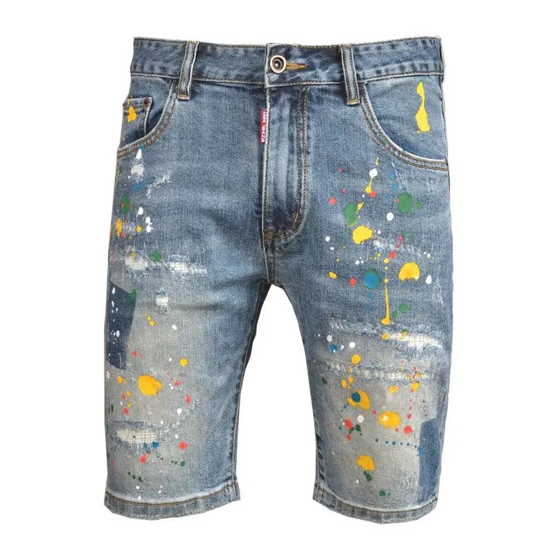 

High end fashion spray painted printed ripped denim shorts for men in summer, thin stretch slim fit casual cropped pants