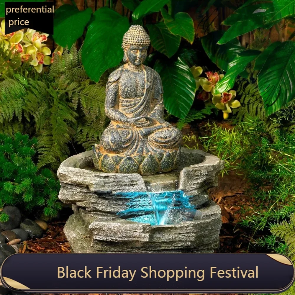 Sitting Buddha Rustic Zen Outdoor Floor Water Fountain 21