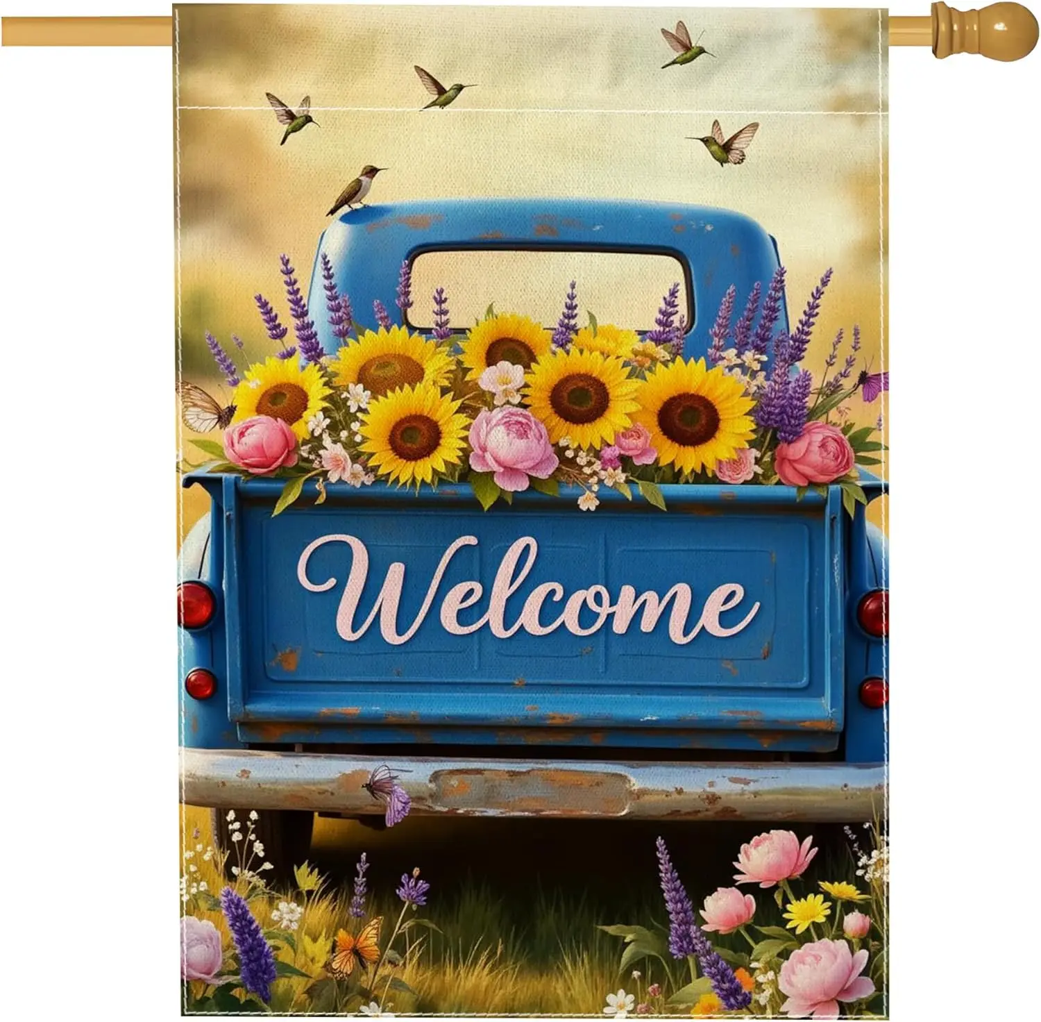 Sunflower House Flag, Spring Rustic Truck Butterfly Spring Blue Burlap Double Sided Outside Large Garden Flag for Outdoor Pa MMZ