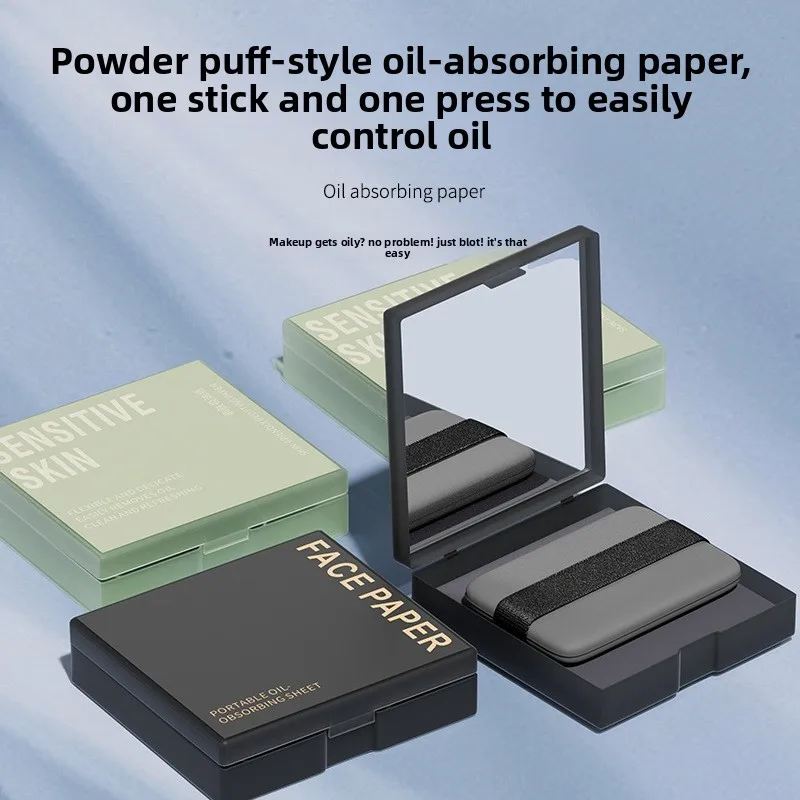 100/200pc Oil Control Blotting Paper Portable With Mirror And Powder Puff Matte Finish Facial Oil Absorbing Skincare Tool