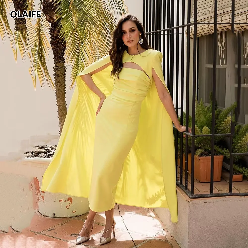 

OLAIFE Yellow Mermaid Evening Dress With Cape Satin Formal Occasion Dress Prom Gown Elegant Women Party Gowns Brithday Dress