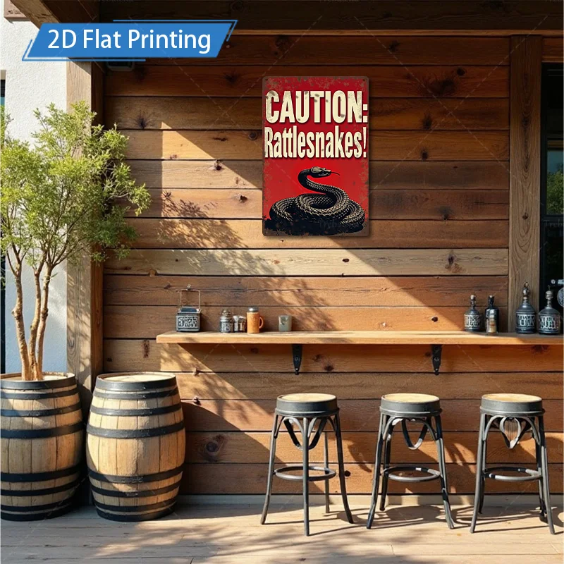 [2D FLAT] 1 قطعة علامة معدنية، 8 × 12 بوصة علامة تحذير أفعى الجرسية ديكور جدران فني معدني عتيق