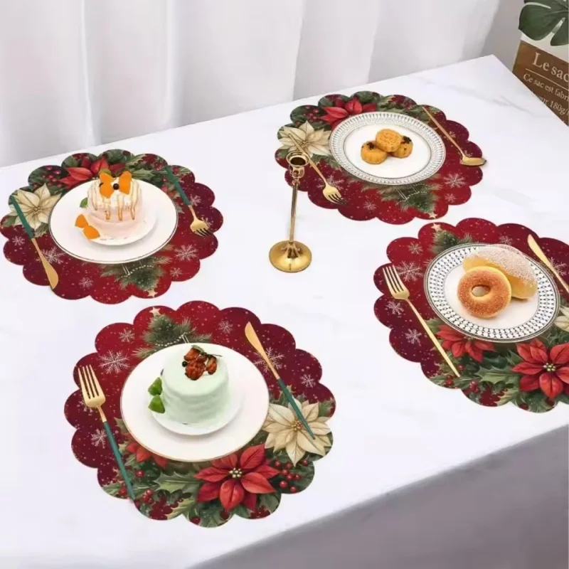 4pcs Santa Claus Christmas Table Placemat Snowman Elk Non Slip Xmas Table Mat Heat Resistant Tree Round Dining Mat Festival Gift