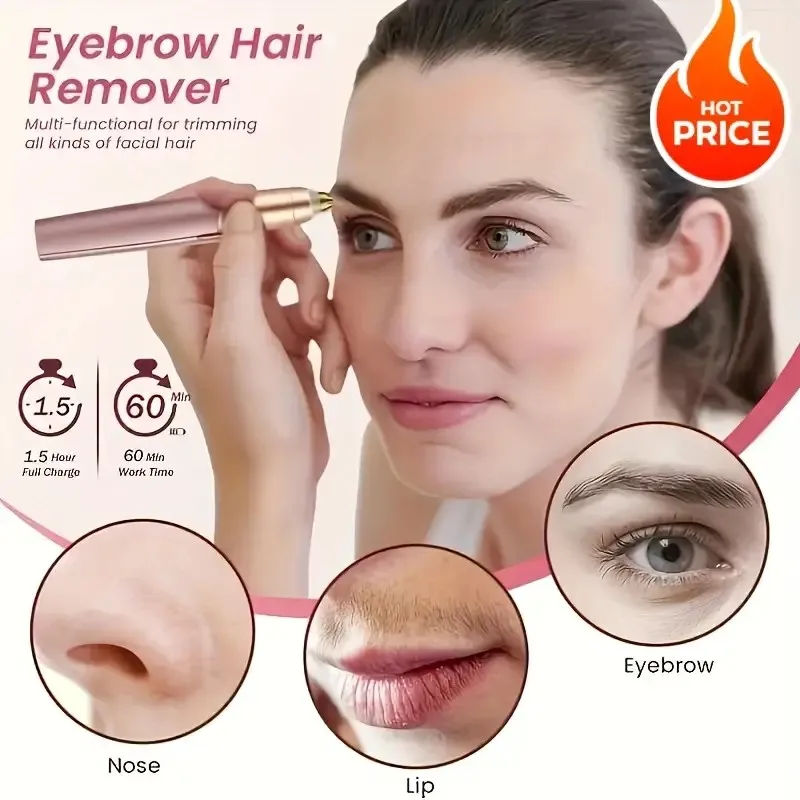 Aparador de sobrancelha elétrico recarregável USB - Caneta de remoção de pêlos de precisão automática, removedor de pêlos faciais indolor com St inoxidável