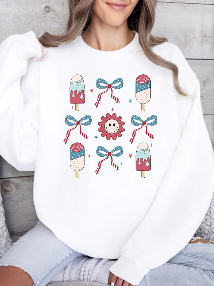 

Женская толстовка с принтом Ice Cream and Bow, повседневный пуловер с длинными рукавами, свободный крой, уличная одежда для осени и зимы