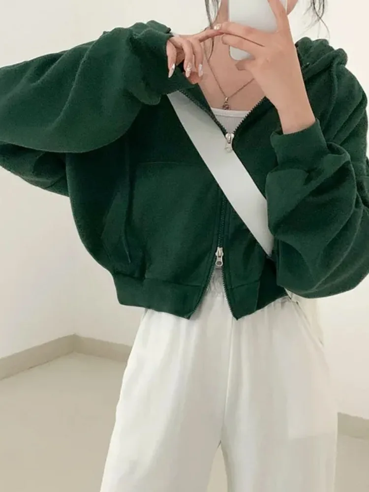 

Fall Season Versatile Loose Casual Long Sleeve Short Hoodie Jacket Double Zipper Design All-Match Street Style Women's Sweate...