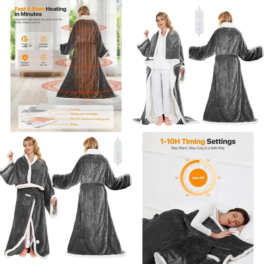 

Wearable Electric Blanket with 8 Heat Levels, Timer, Foot Pockets & Sleeves - Flannel & Sherpa Throw, 50x60 for Women