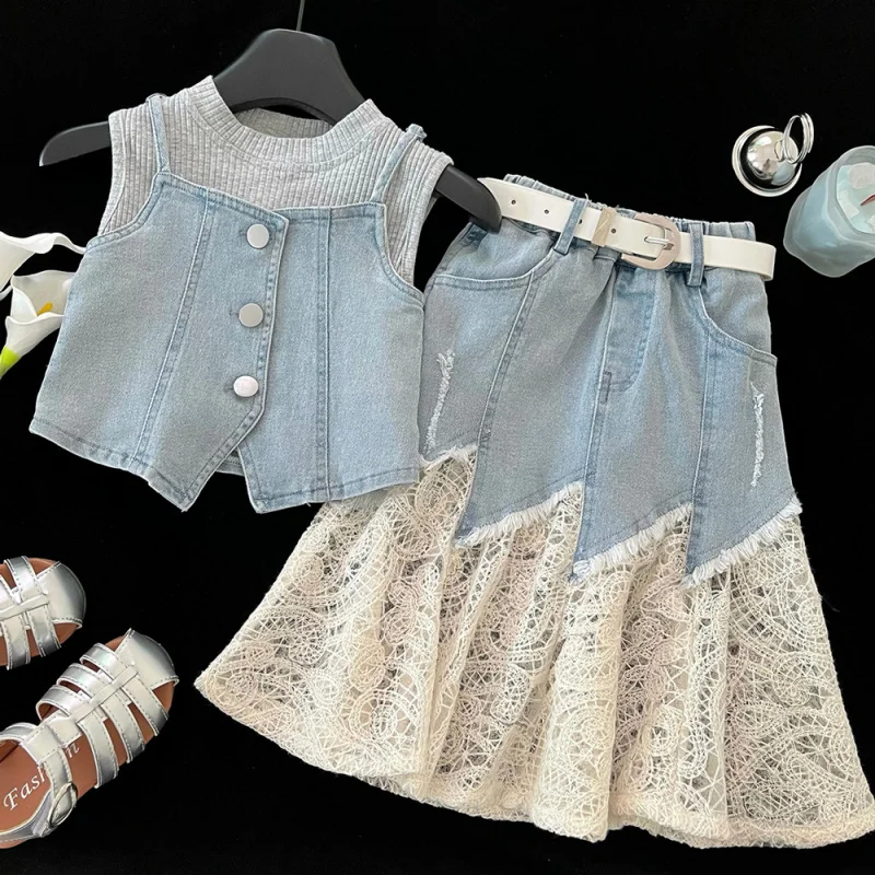 

2025Girls' New Fashionable Lace Patchwork Denim Camisole Three-Piece Set