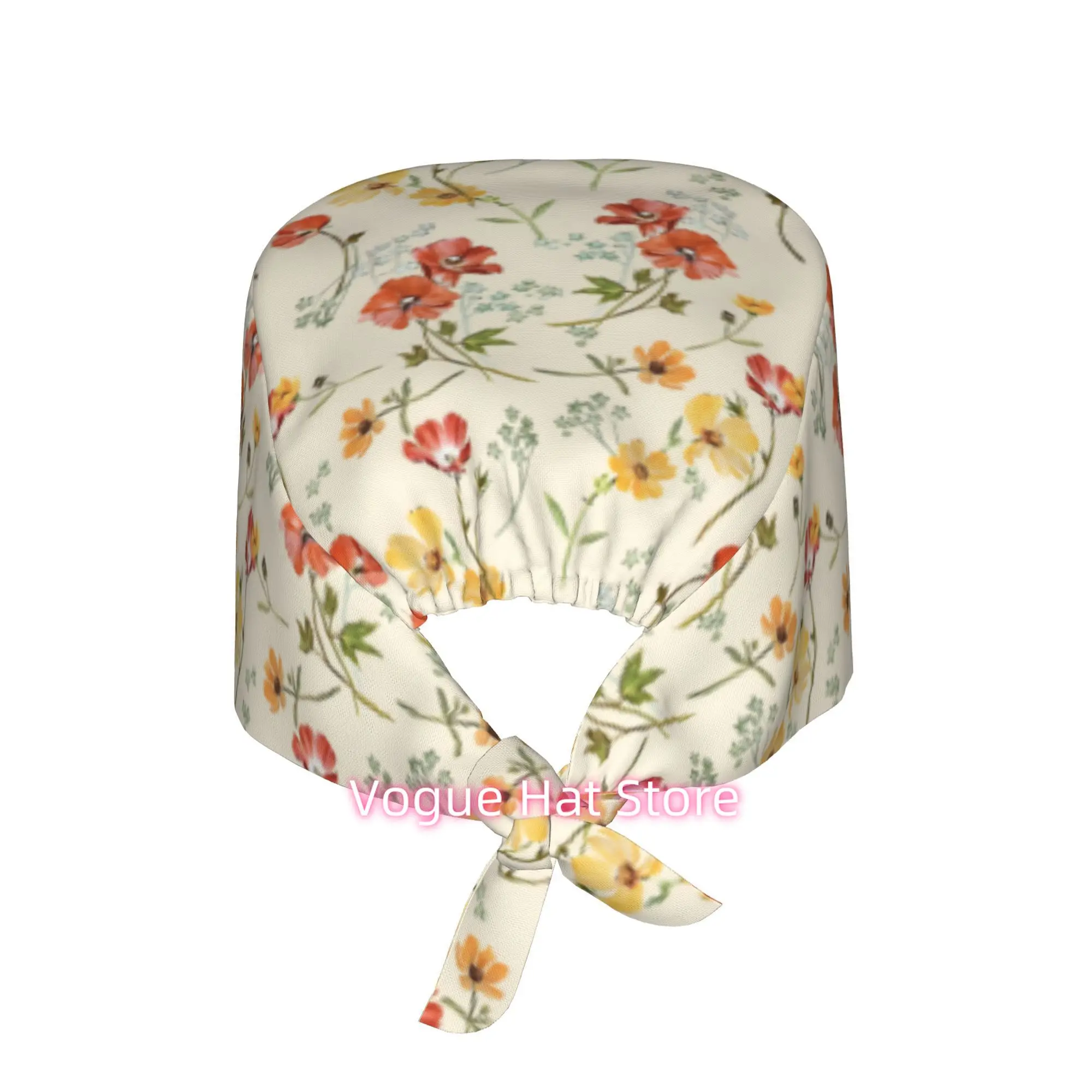 1pc Plants Flowers Unisex Stylish Printed Work Cap - Lightweight Adjustable Skull Cap Tie-Back Nurse Hat, Dustproof Chef & Cooki