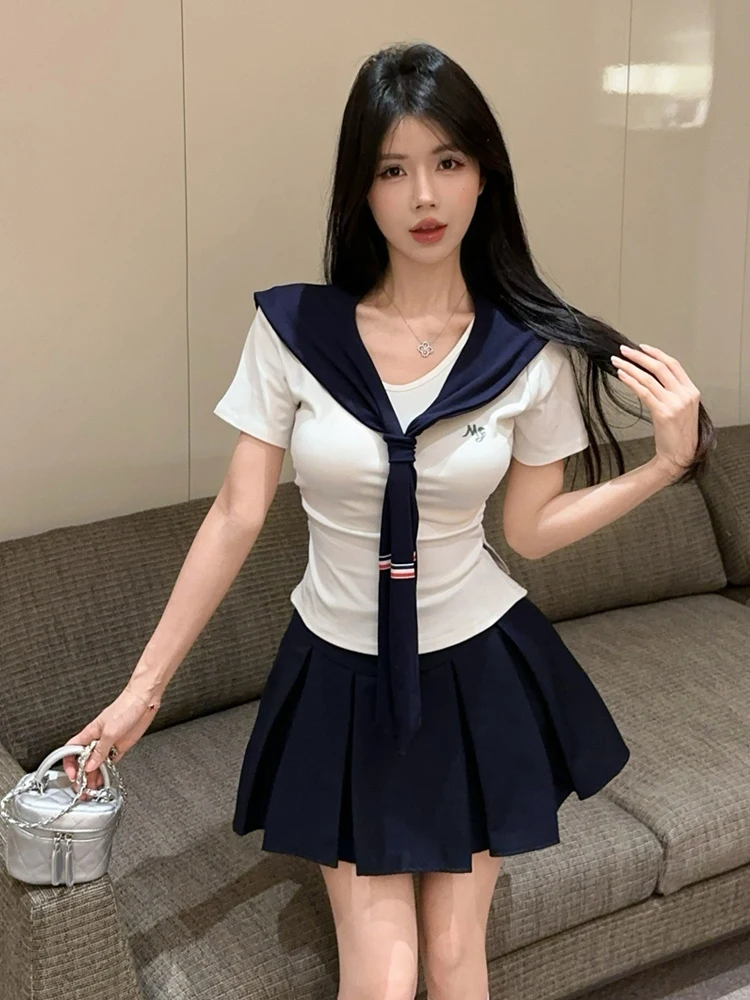 

Sweet School Girl Style Short Sleeve T-Shirt And Skirt Set High Waist A-Line Pleated Dress Two Piece Outfit for Teens