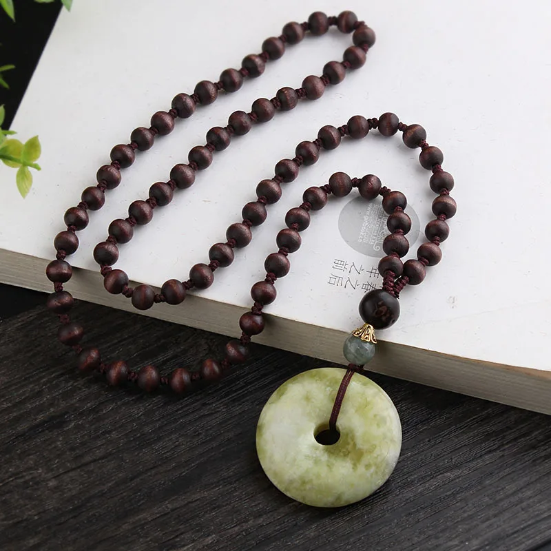 DIY accessories Ethnic style retro long wooden bead sweater chain natural jade safety buckle pendant necklace men's and women's