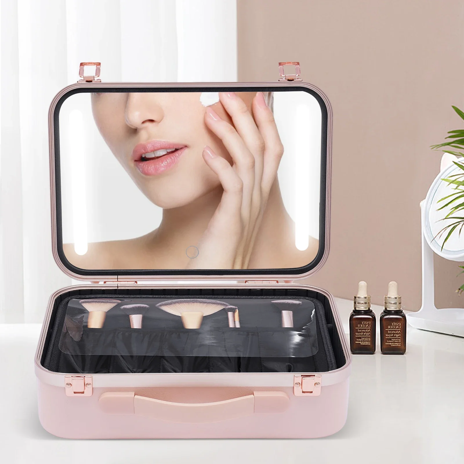 Makeup Organizer with 3-Color LED Light, 88 Beads, 4K Silver-Plated Mirror, Multi-Compartment Storage, 2000mAh Battery