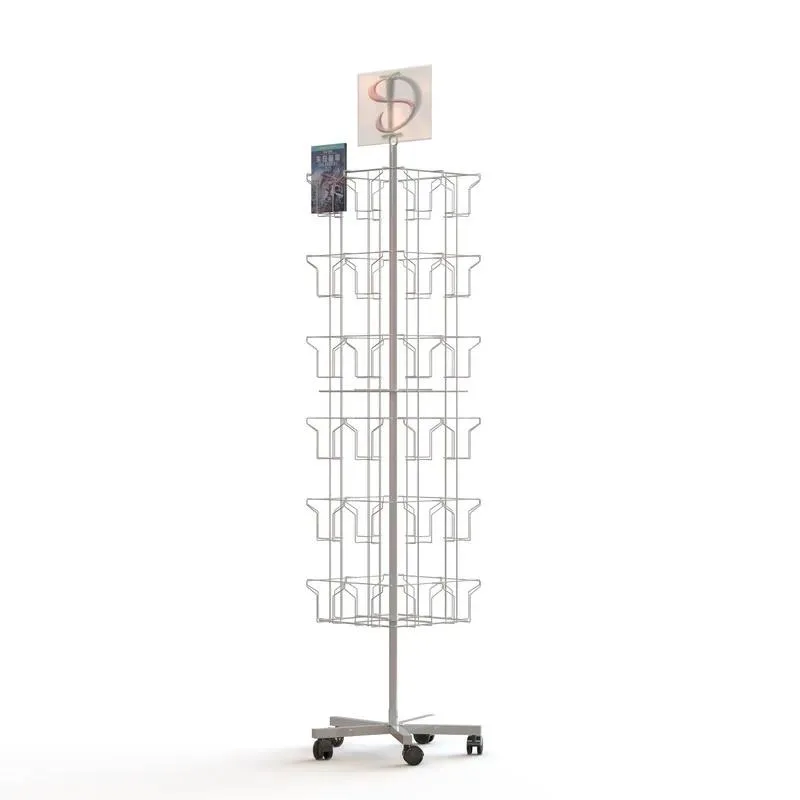 48 Slot Metal Rotating Display Rack Wire Shelf Stand for DVD Book Brochure Storage Organizer Floor Standing Holder