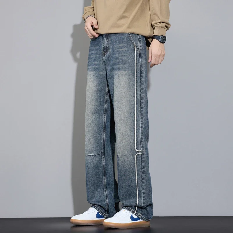 

Retro Washed Autumn Winter Men's Straight Leg Jeans Loose Wide Leg Casual Long Trousers Fashionable American High Street Style