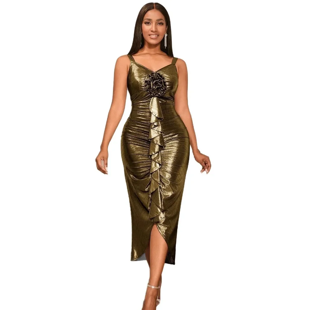 

Women Sleeveless Camisole Gold Midi Dress Square Collar 3D Floral Ruffled Side Slit Perfect for Evening Party Pecial Occasion