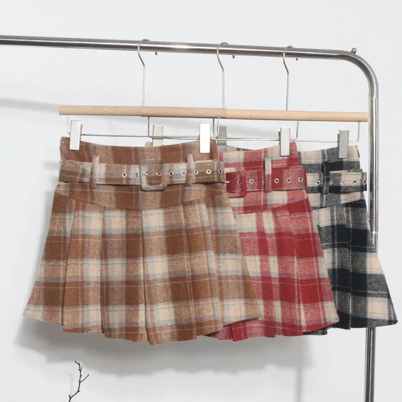 Plaid Wool Pleated Skirt High Waist Anti-glare Small A- Shaped Skirt with Belt ~ Fashion Short