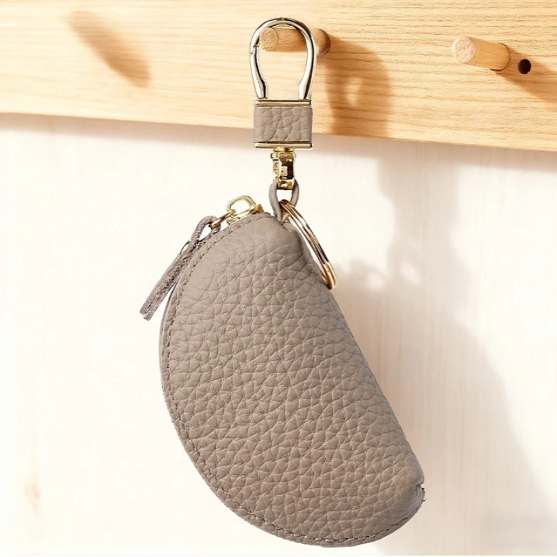 Men Top Grain Pebbled Cowhide Leather Key Pouch, Premium Zipper Coin Purse with Metal Key Clip, High-Quality Small Car Key Case