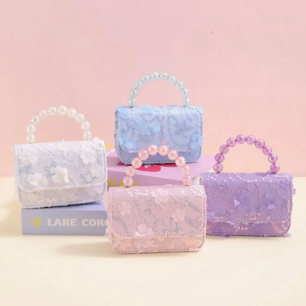 Cute Girls Handbag Beaded Handle 3D Flower Sequin Children Mini Bag Birthday Gift 2026