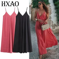 HXAO Slip Dress Women 2024 Summer Women's Loose Dresses Sleeveless Thin Straps Black Long Dresses Backless Beach Holiday Dresses