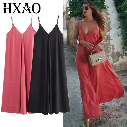 HXAO-vestido deslizante para mujer, vestidos holgados sin mangas con tirantes finos, vestidos largos negros con espalda descubierta para vacaciones en la playa 2024