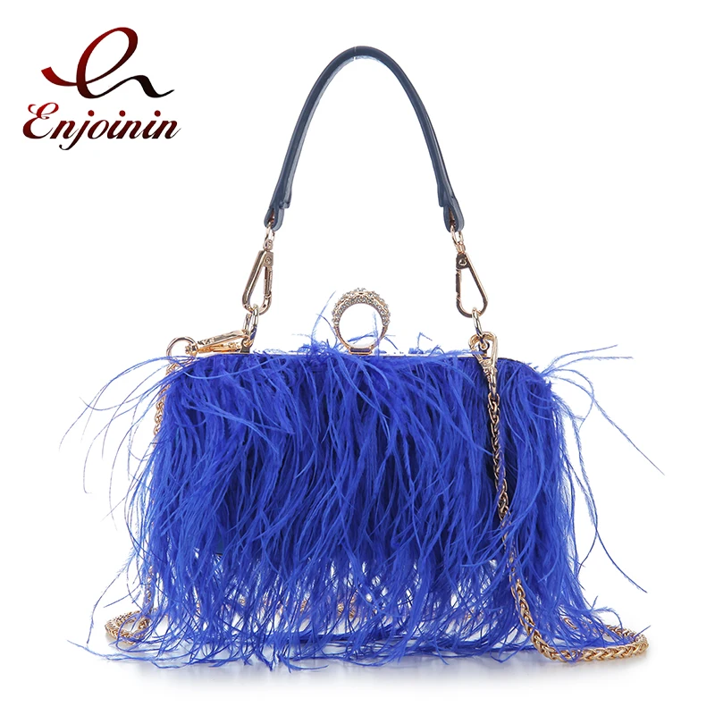 

Luxury Ostrich Feather Party Clutch Women Purses and Handbags Wedding Evening Bag Ladies Small Shoulder Chain Bag Designer Bag